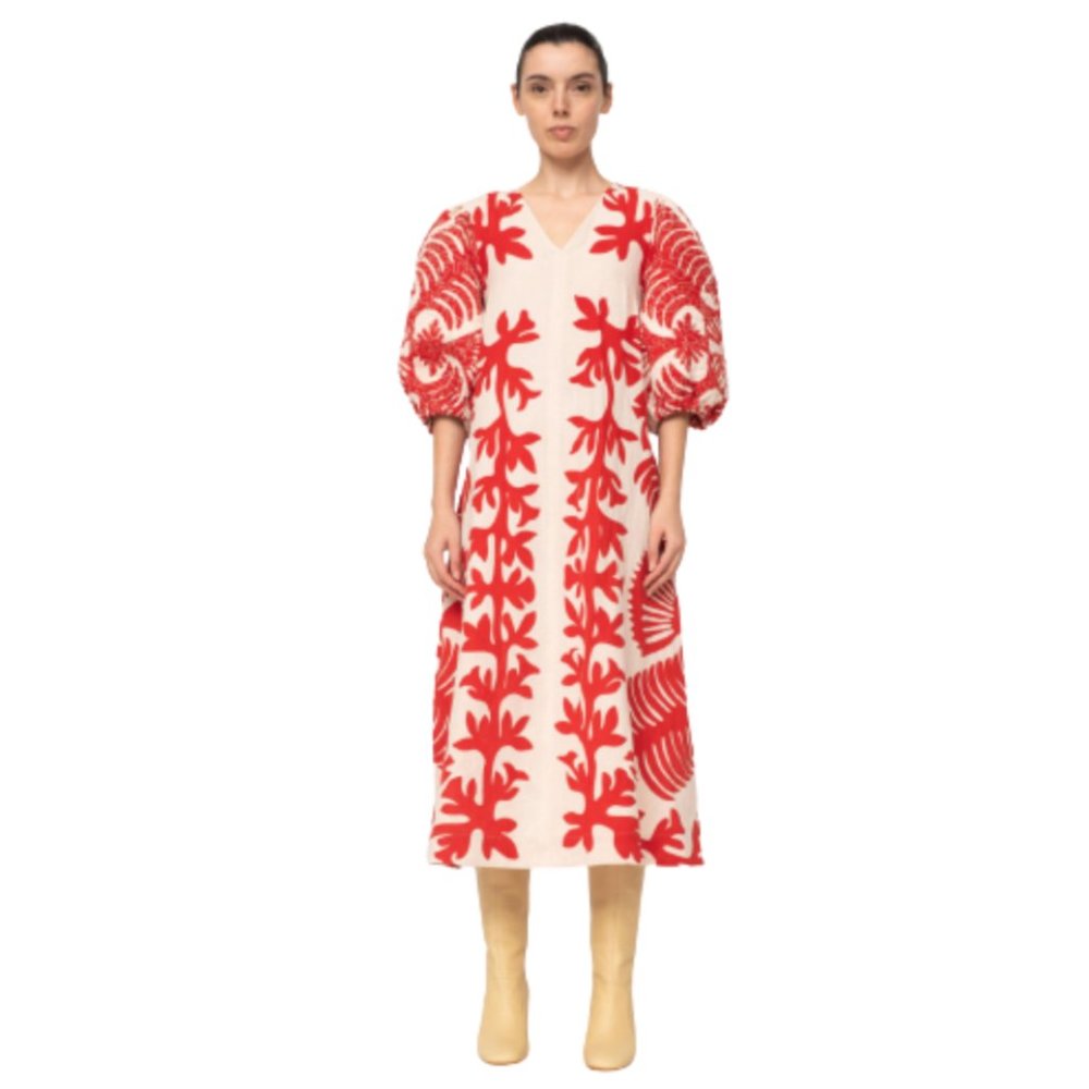 Sea New York Cream Midi Dress with Red Botanical Appliqué